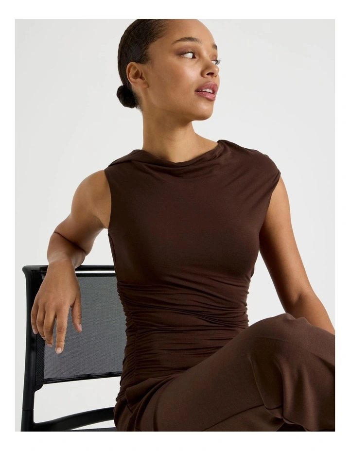 Draped Jersey Asymmetric Top in Dark Brown image 5
