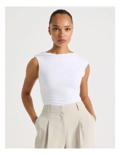 Draped Jersey Asymmetric Top in White