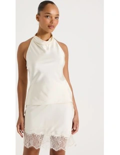 Satin Halter Neck Top in Ecru