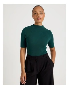 High Neck Short Sleeve Knit Top in Teal
