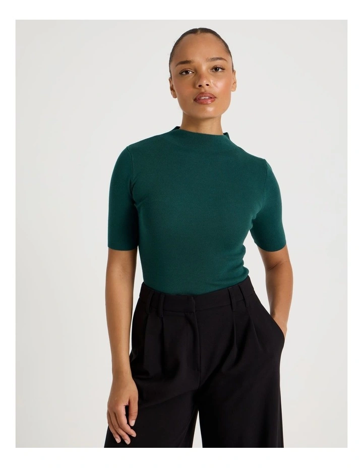 High Neck Short Sleeve Knit Top in Teal image 1