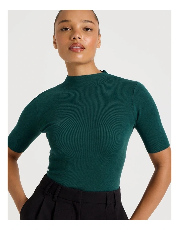 High Neck Short Sleeve Knit Top in Teal image 2