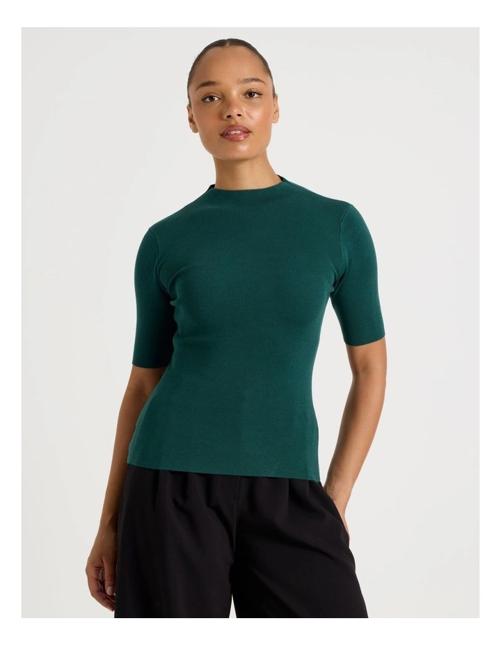 High Neck Short Sleeve Knit Top in Teal image 5