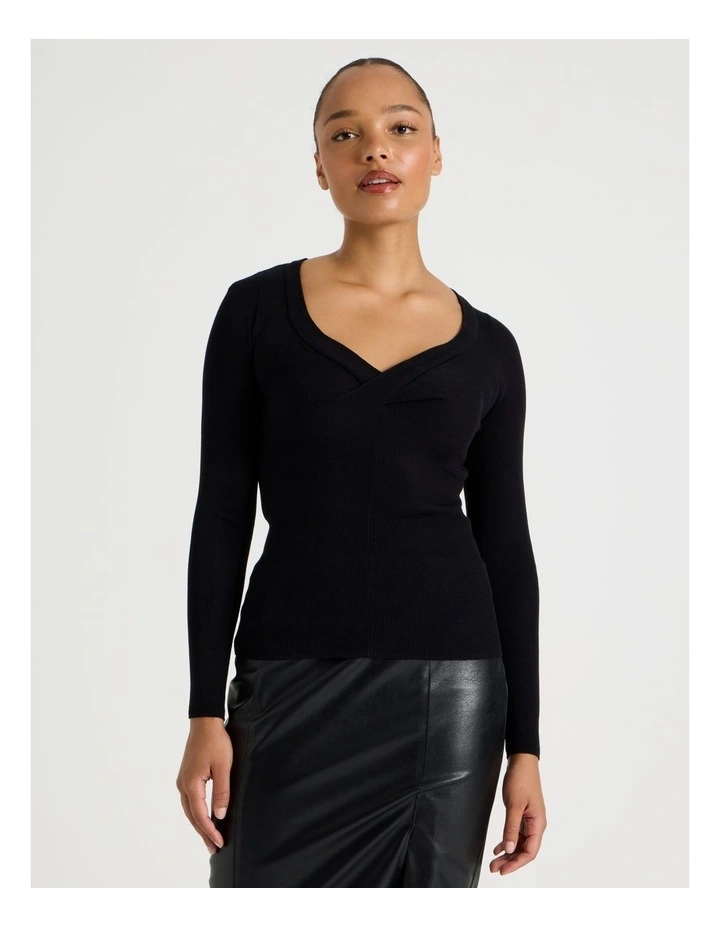 Twist V-Neck Long Sleeve Knit Top in Black image 1