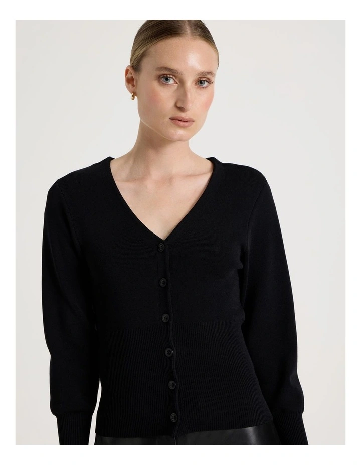 V-Neck Knit Cardigan in Black image 3
