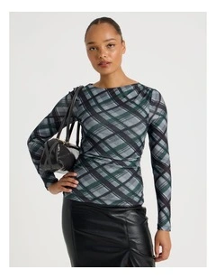 Draped Jersey Long Sleeve Top in Teal