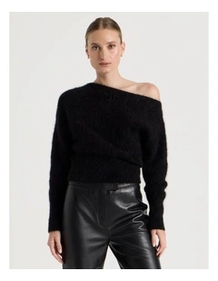 Wool Mohair Blend Fluffy Off The Shoulder Knit Jumper in Black