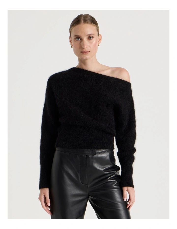 Wool Mohair Blend Fluffy Off The Shoulder Knit Jumper in Black image 1