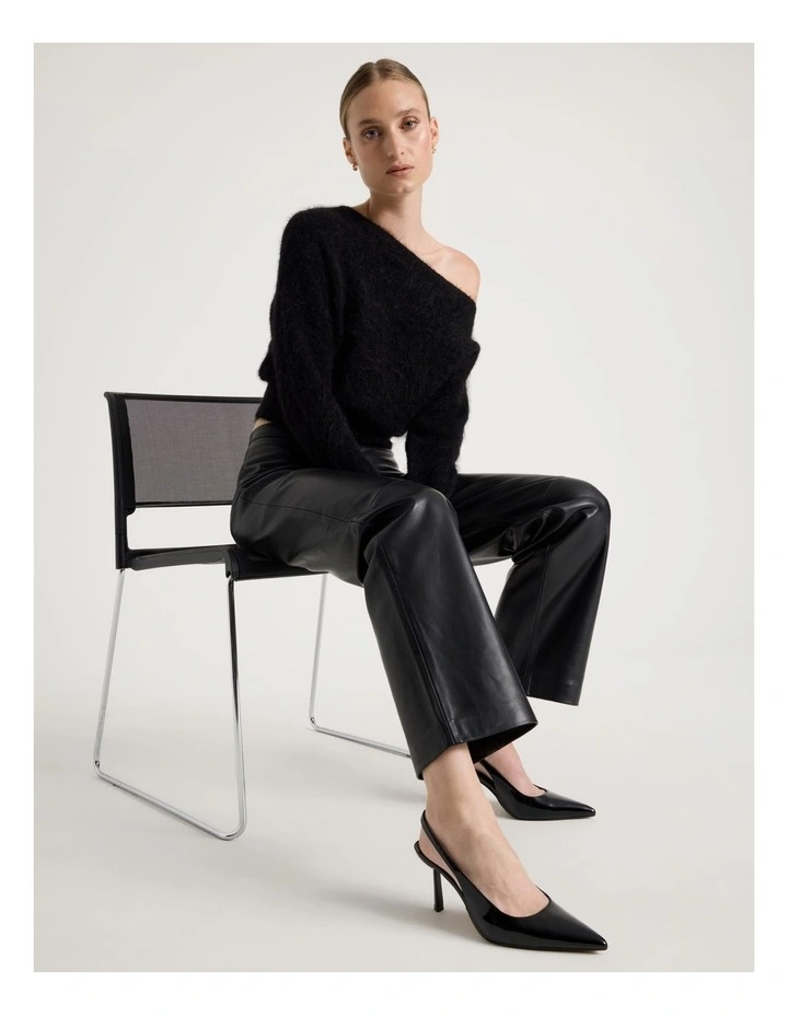 Wool Mohair Blend Fluffy Off The Shoulder Knit Jumper in Black image 2