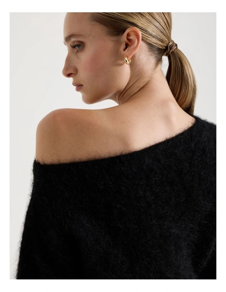 Wool Mohair Blend Fluffy Off The Shoulder Knit Jumper in Black image 3