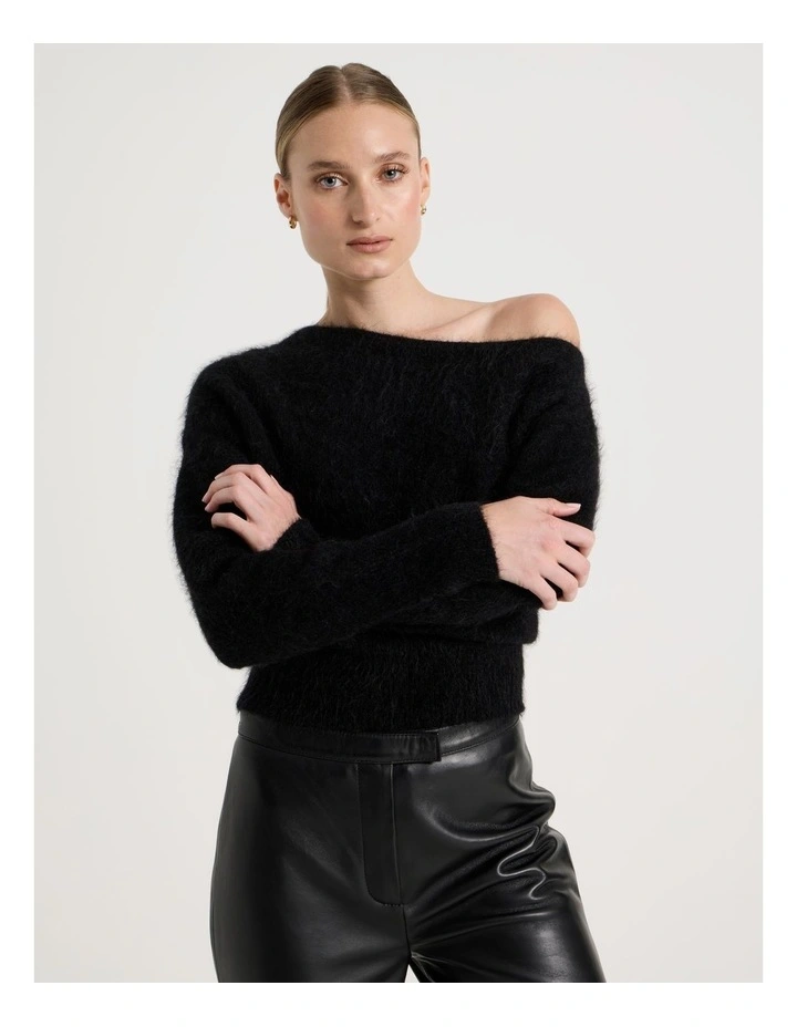 Wool Mohair Blend Fluffy Off The Shoulder Knit Jumper in Black image 5