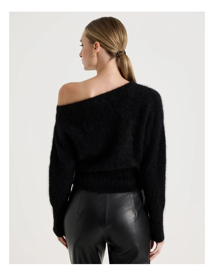 Wool Mohair Blend Fluffy Off The Shoulder Knit Jumper in Black image 6