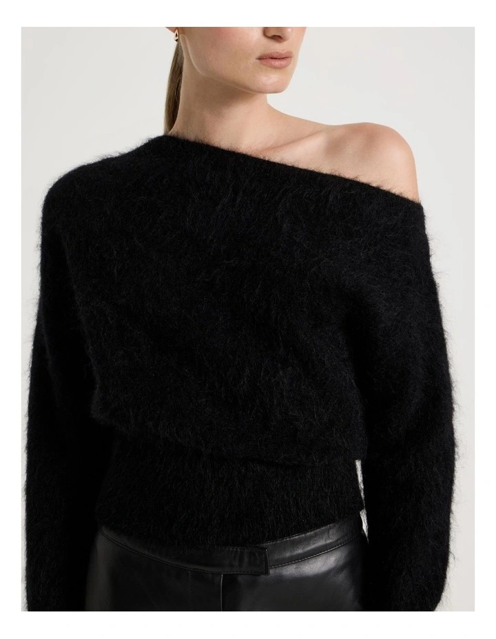 Wool Mohair Blend Fluffy Off The Shoulder Knit Jumper in Black image 7