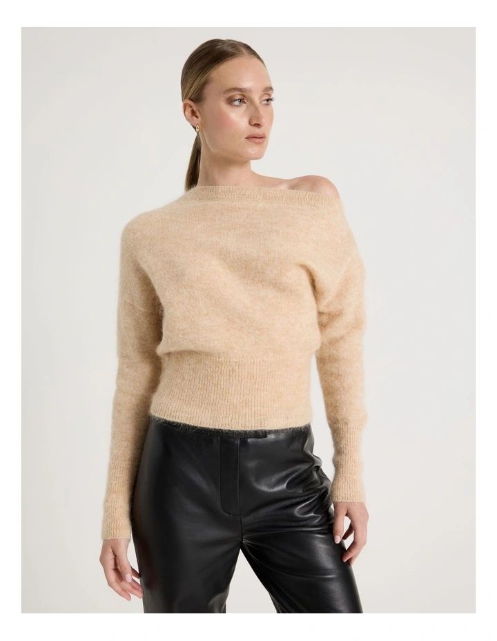 Wool Mohair Blend Fluffy Off The Shoulder Knit Jumper in Stone image 1