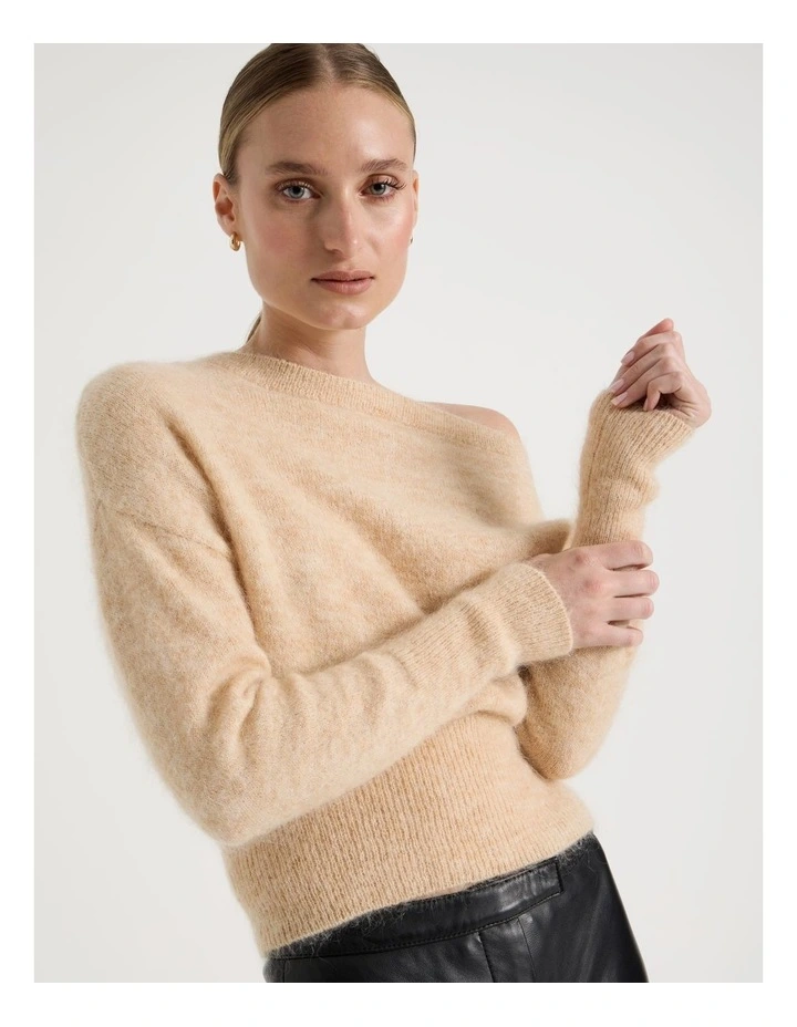 Wool Mohair Blend Fluffy Off The Shoulder Knit Jumper in Stone image 3