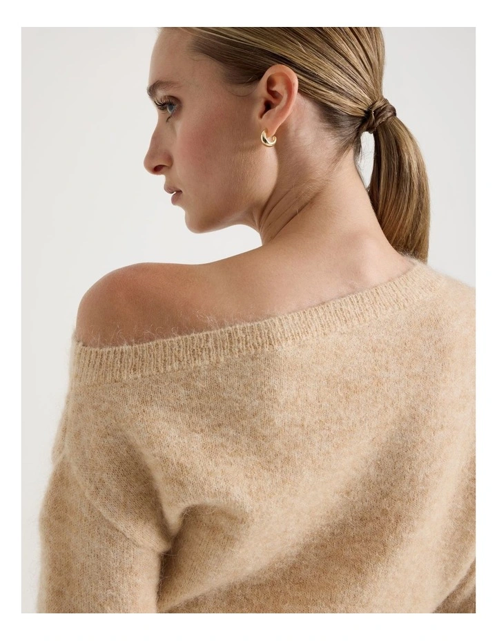 Wool Mohair Blend Fluffy Off The Shoulder Knit Jumper in Stone image 4