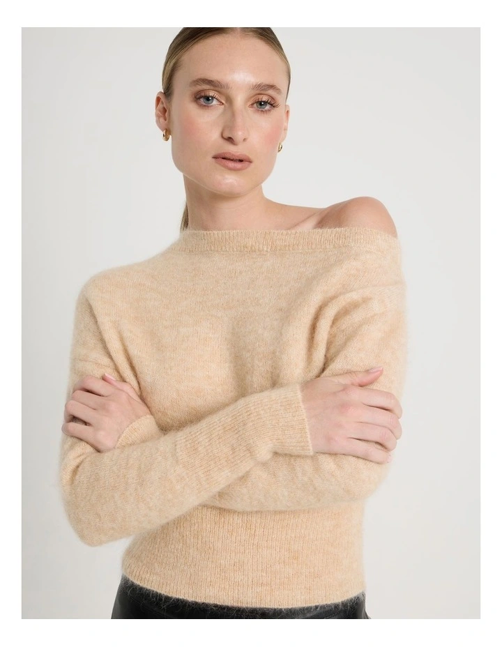 Wool Mohair Blend Fluffy Off The Shoulder Knit Jumper in Stone image 5