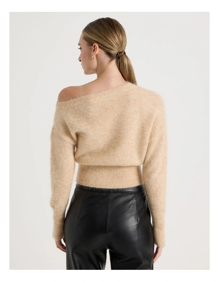 Wool Mohair Blend Fluffy Off The Shoulder Knit Jumper in Stone image 6