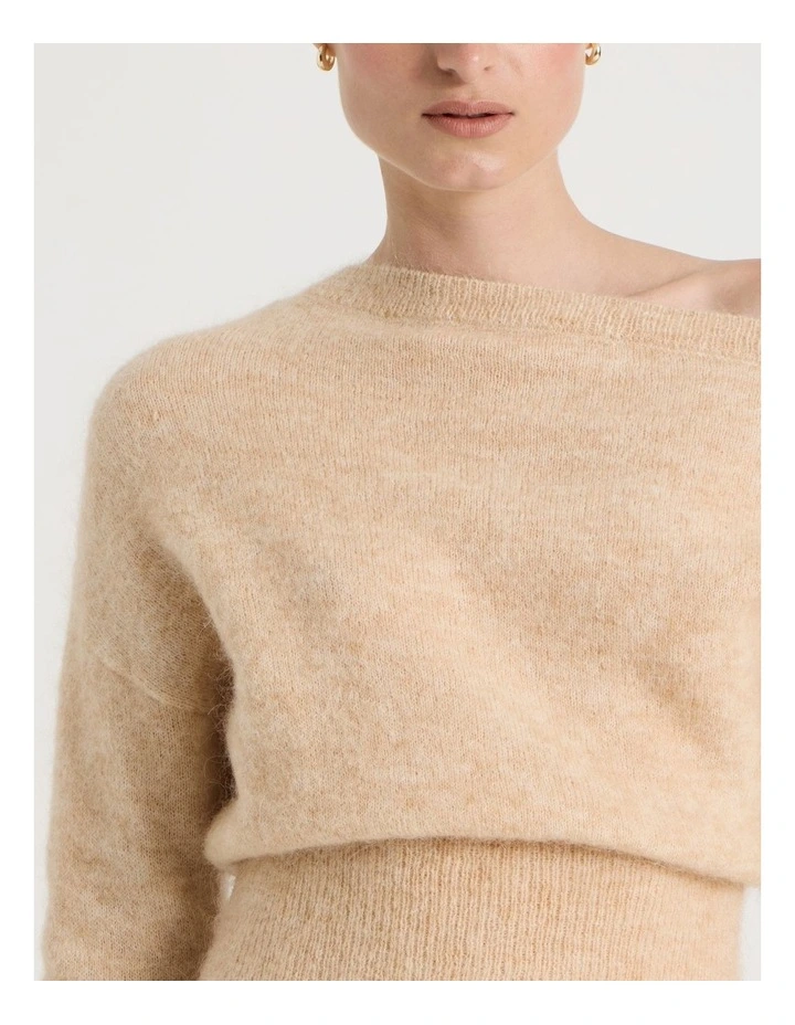 Wool Mohair Blend Fluffy Off The Shoulder Knit Jumper in Stone image 7