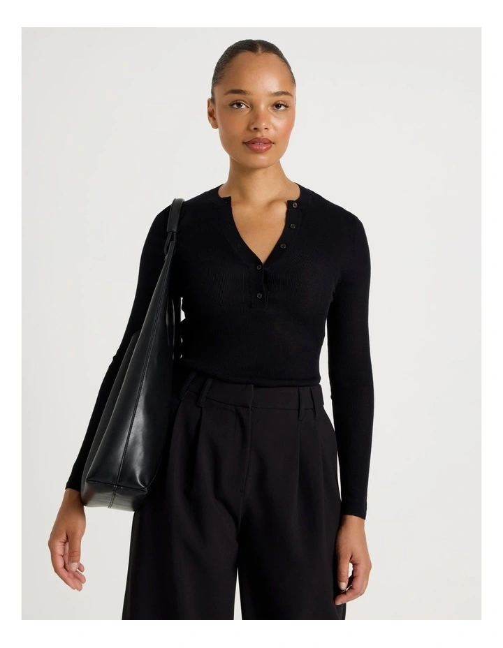 Henley Long Sleeve  Knit Top in Black image 1