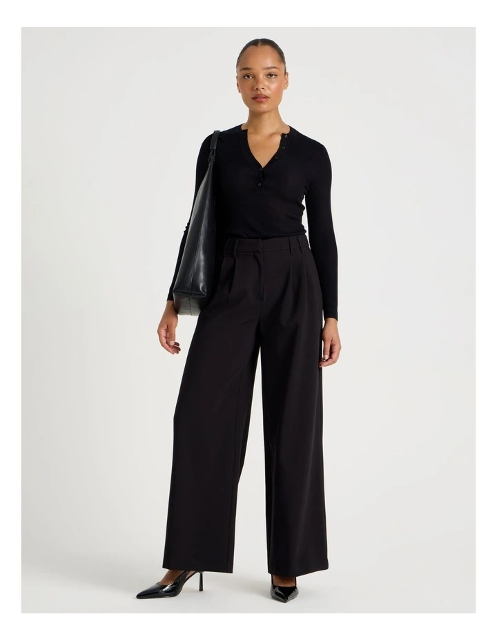 Henley Long Sleeve  Knit Top in Black image 2