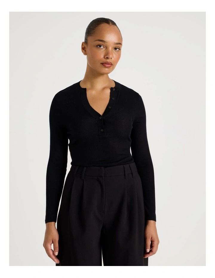 Henley Long Sleeve  Knit Top in Black image 3
