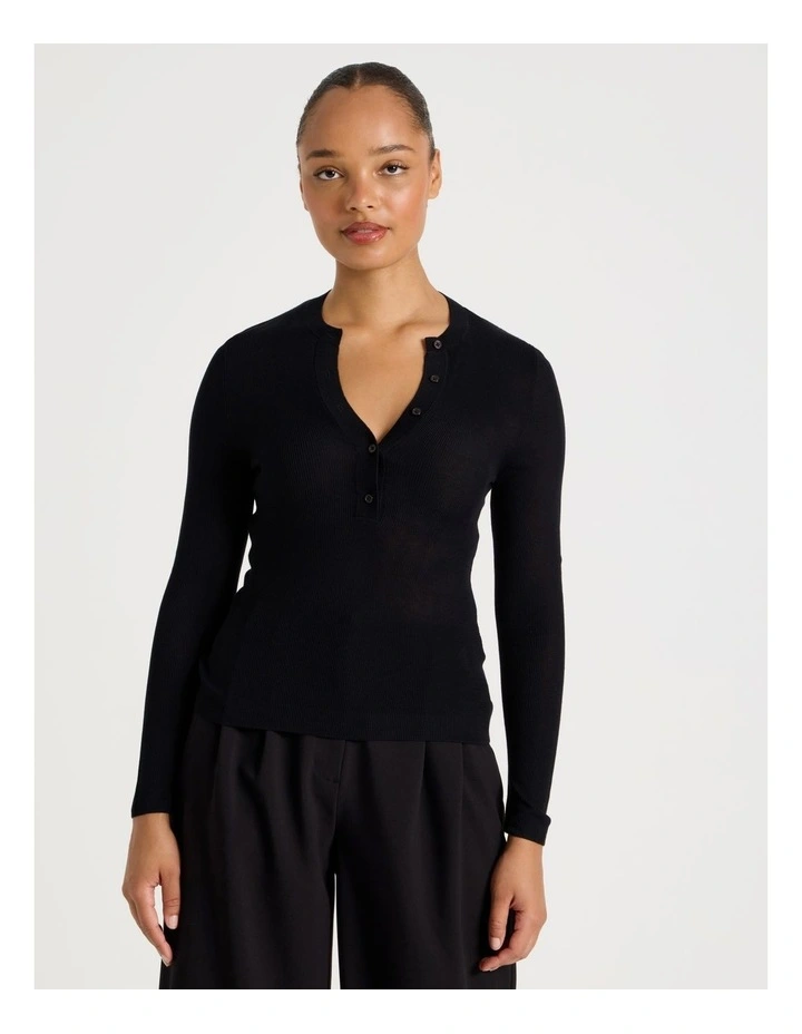 Henley Long Sleeve  Knit Top in Black image 5