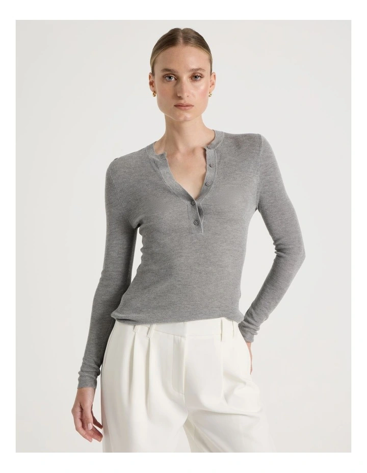 Henley Long Sleeve  Knit Top in Grey image 1