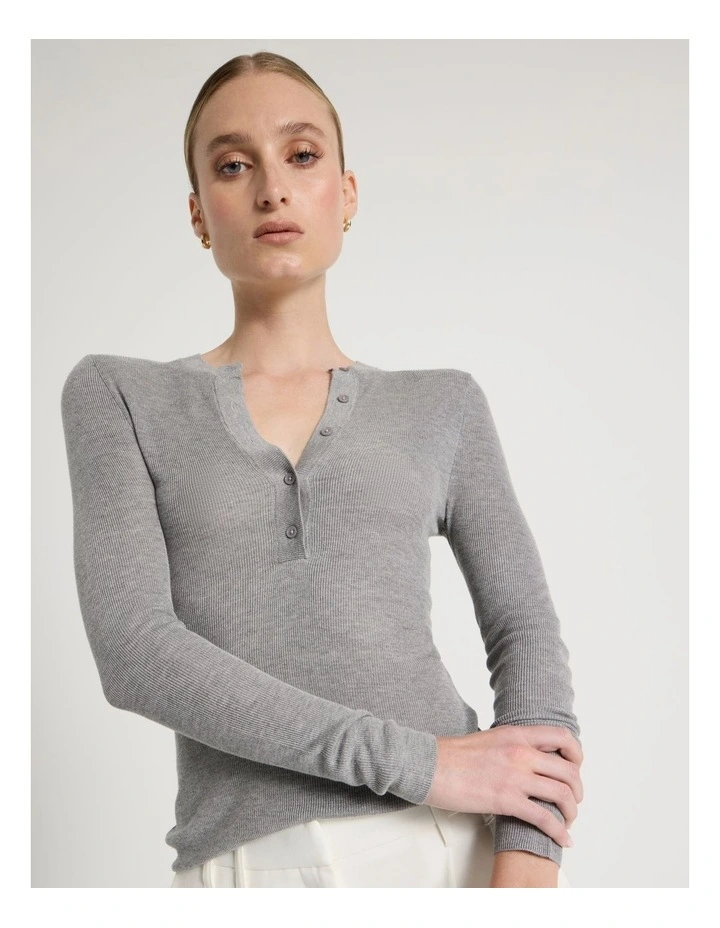 Henley Long Sleeve  Knit Top in Grey image 3