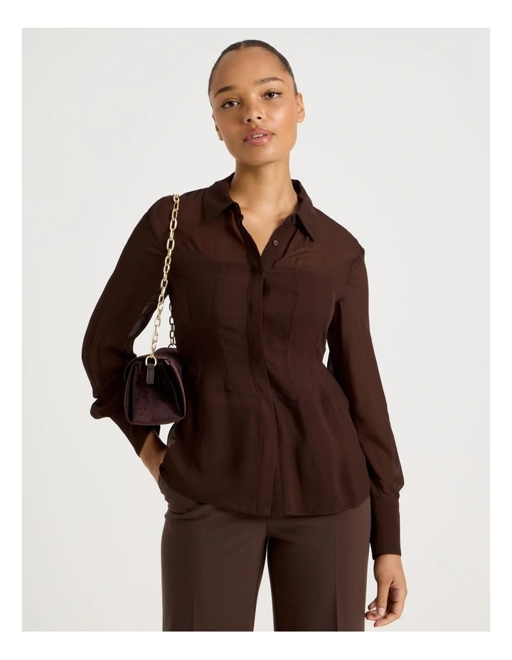 Sheer Panel Shirt in Chocolate image 1