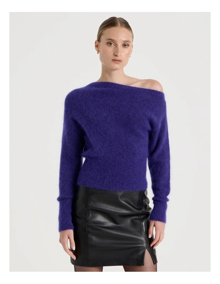Wool Mohair Blend Fluffy Off The Shoudler Knit Jumper in Purple image 1