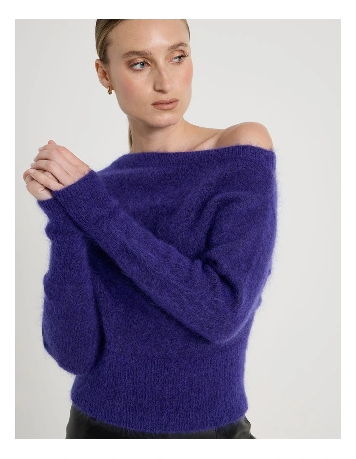 Wool Mohair Blend Fluffy Off The Shoudler Knit Jumper in Purple image 2