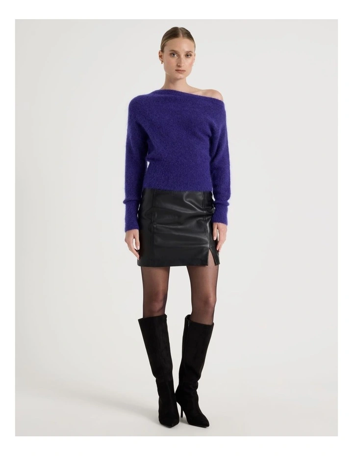 Wool Mohair Blend Fluffy Off The Shoudler Knit Jumper in Purple image 3