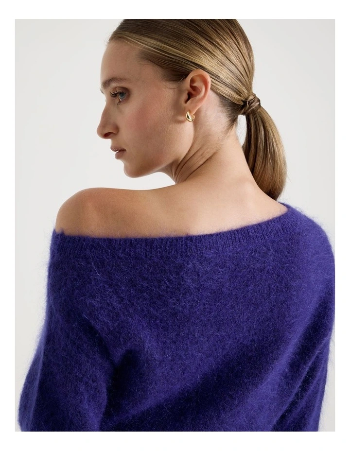 Wool Mohair Blend Fluffy Off The Shoudler Knit Jumper in Purple image 4