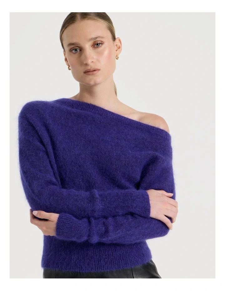 Wool Mohair Blend Fluffy Off The Shoudler Knit Jumper in Purple image 5