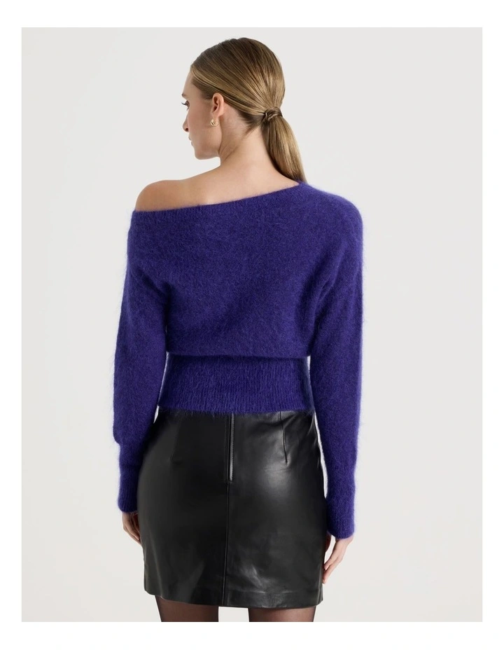 Wool Mohair Blend Fluffy Off The Shoudler Knit Jumper in Purple image 6
