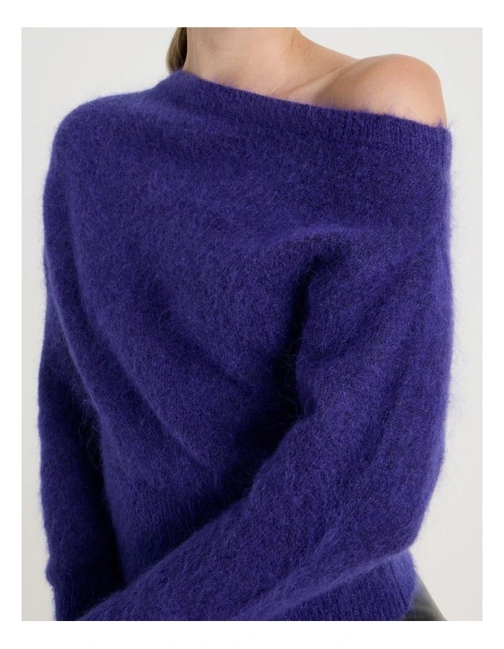 Wool Mohair Blend Fluffy Off The Shoudler Knit Jumper in Purple image 7