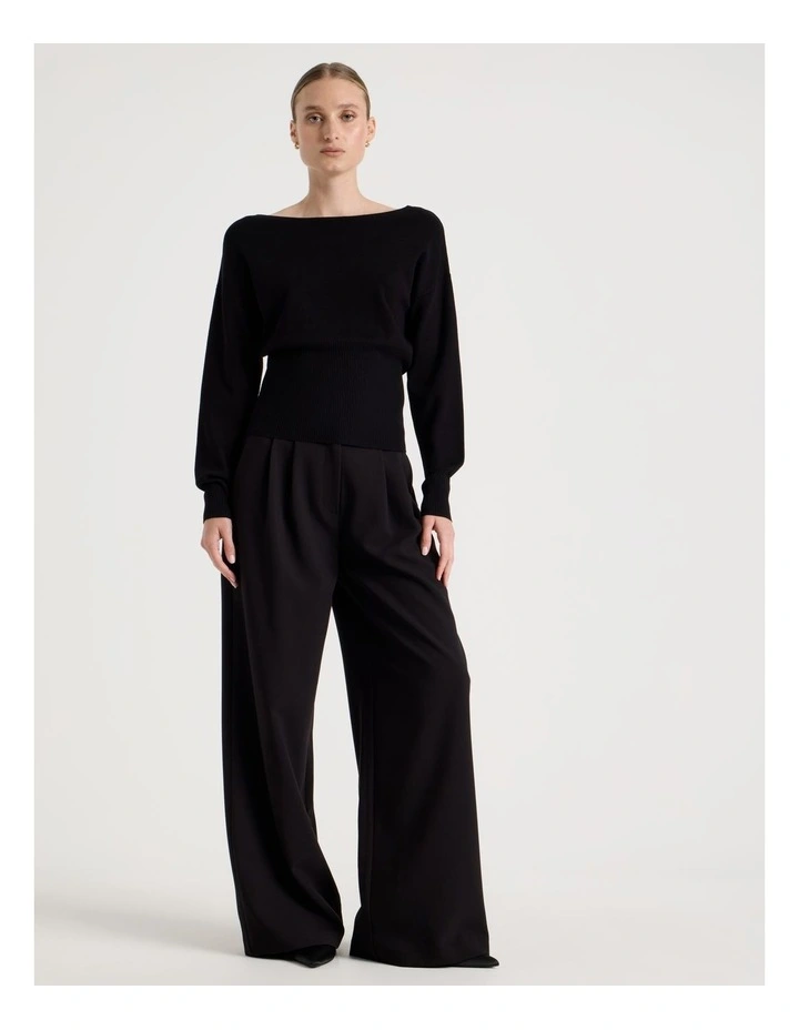 Boat Neck Long Sleeve Knit Top in Black image 2