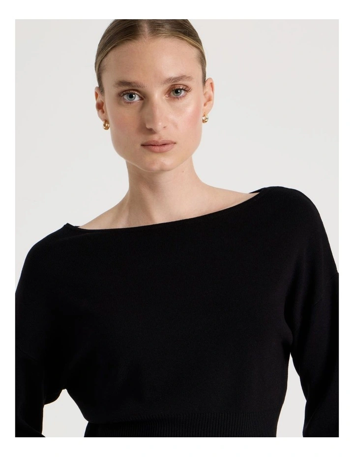 Boat Neck Long Sleeve Knit Top in Black image 3