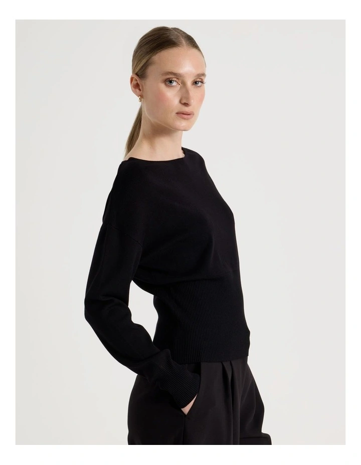 Boat Neck Long Sleeve Knit Top in Black image 4