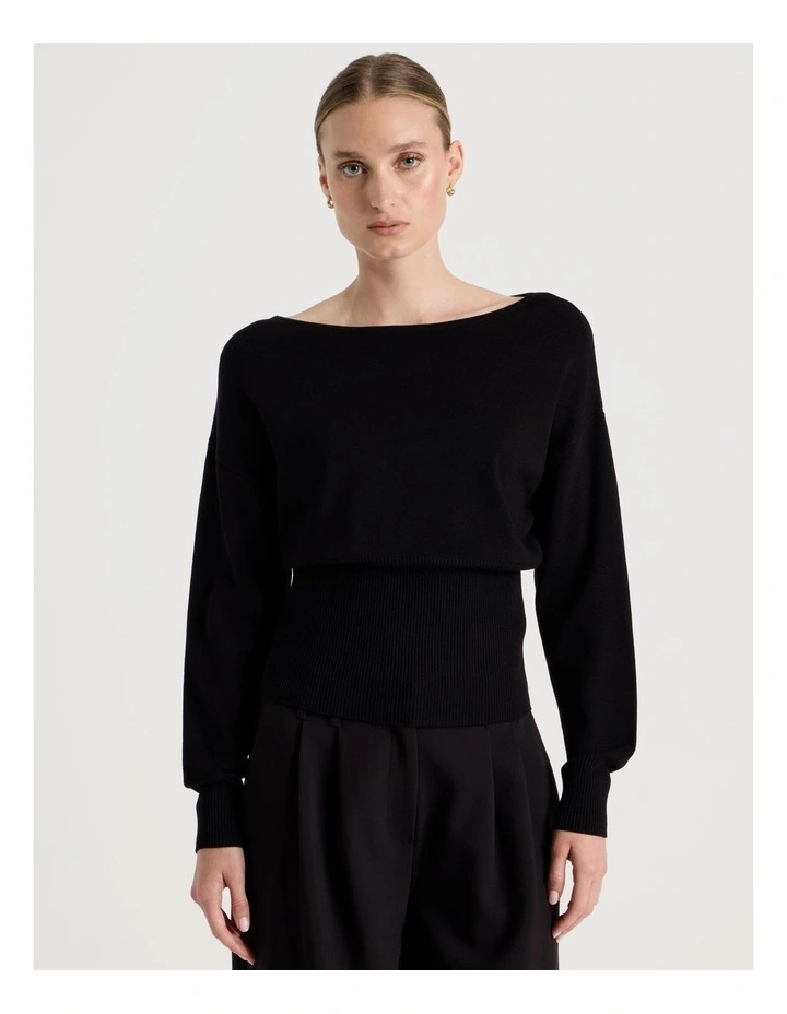 Boat Neck Long Sleeve Knit Top in Black image 5