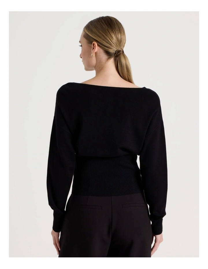 Boat Neck Long Sleeve Knit Top in Black image 6