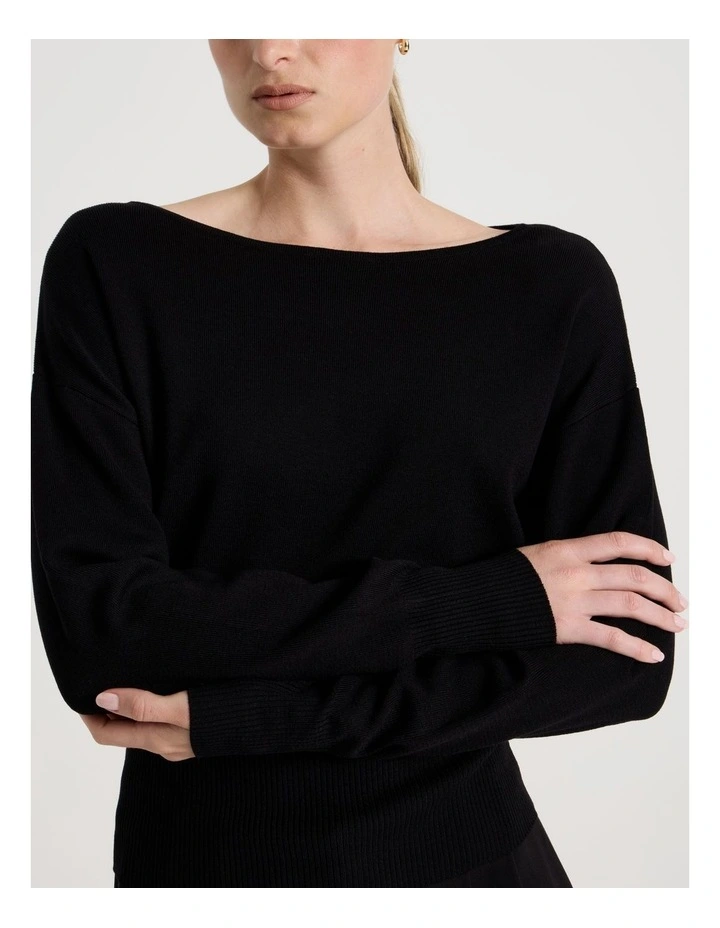 Boat Neck Long Sleeve Knit Top in Black image 7