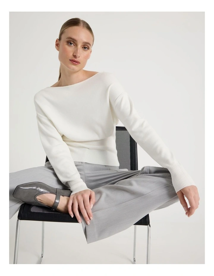 Boat Neck Long Sleeve Knit Top in Ivory image 1