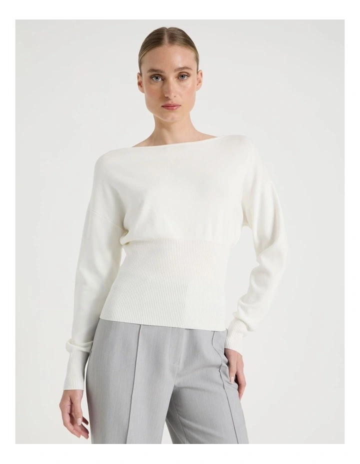 Boat Neck Long Sleeve Knit Top in Ivory image 2
