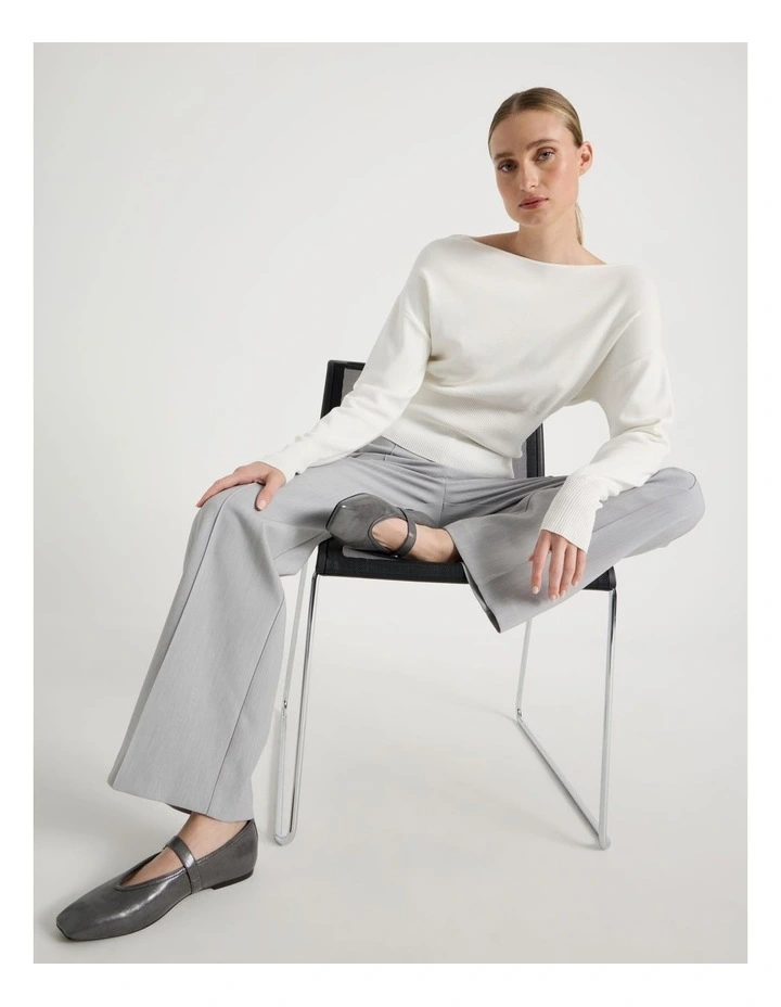 Boat Neck Long Sleeve Knit Top in Ivory image 3