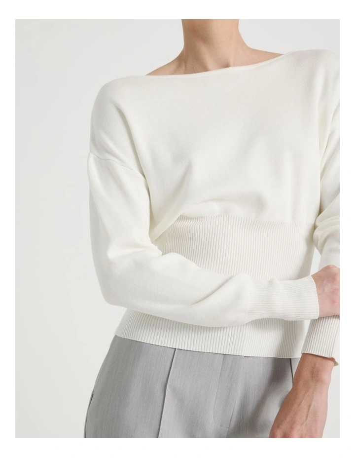 Boat Neck Long Sleeve Knit Top in Ivory image 5