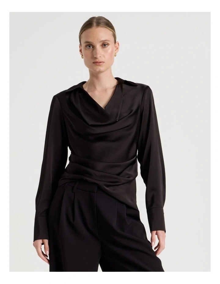 Satin Cowl Collar Blouse in Black image 1