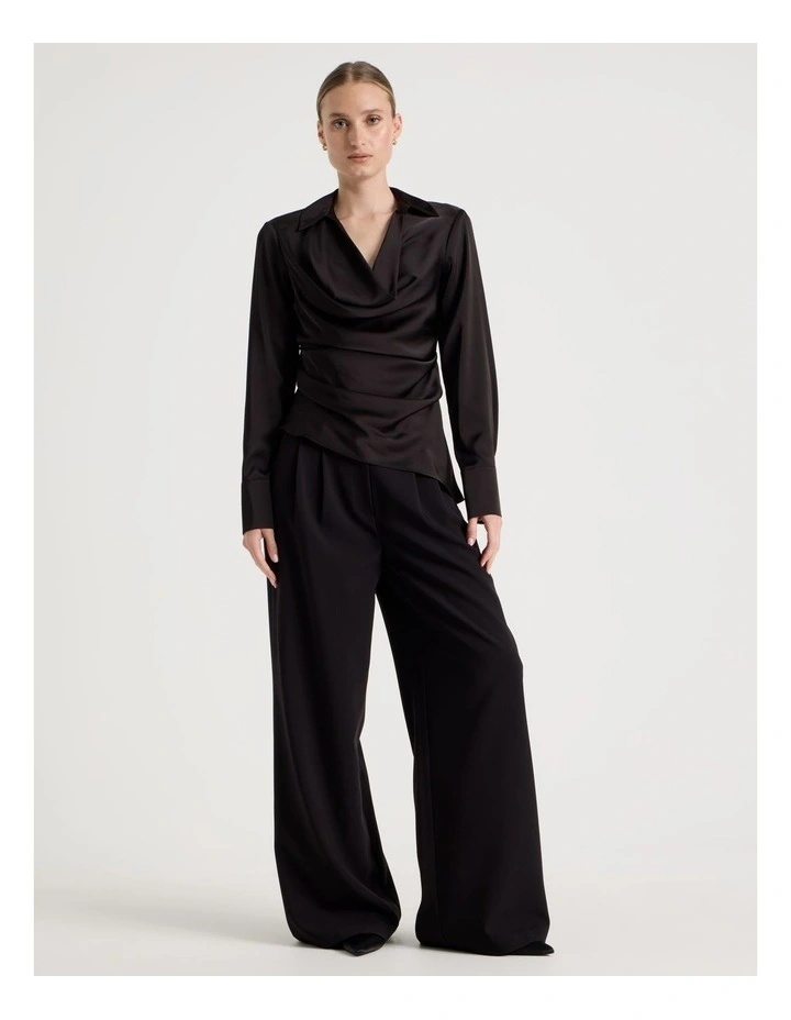 Satin Cowl Collar Blouse in Black image 2
