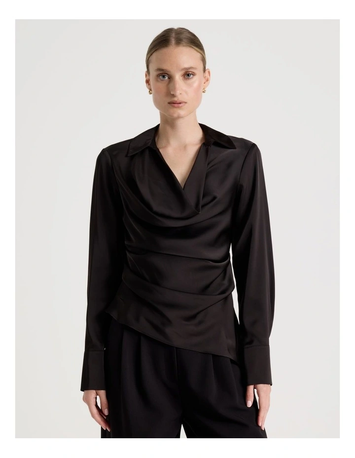 Satin Cowl Collar Blouse in Black image 3